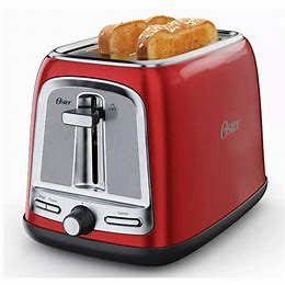 Comparing two slice toasters A glossy red coloured toaster body with stainless steel trim and slots.
