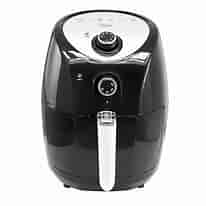 Air fryers for cooking. A traditional air fryer black in colour with a silver top. Comes with a manual timer and temperature gauge..